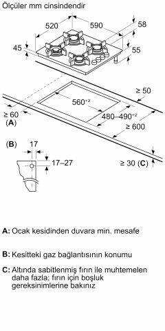 Bosch POP6C6P30O Serie 4 Gazlı Ocak 60 cm Sert cam, Siyah